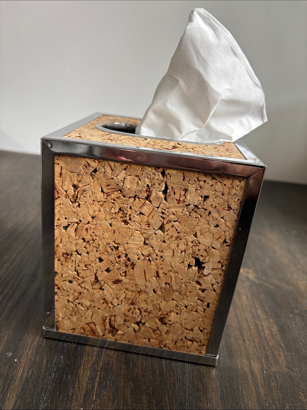 Vintage Stylebuilt Accessories cork/chrome tissue holder, MCM, 5x6”